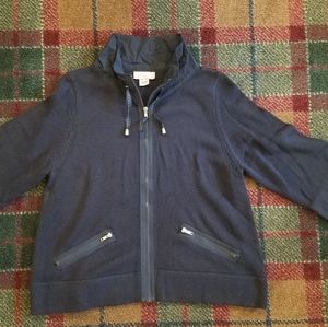 Tanjay petites medium zip front sweater navy 3/4 sleeves funnel collar pockets